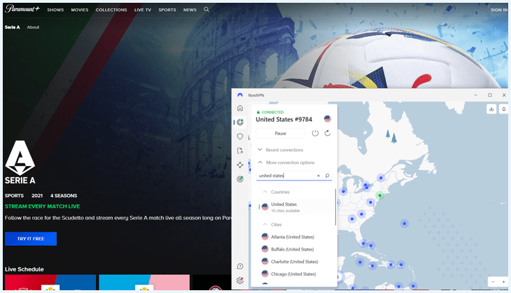 Screenshot der Paramount+-Homepage, der die Serie A zeigt, mit einem Screenshot von NordVPN, das mit den USA verbunden ist