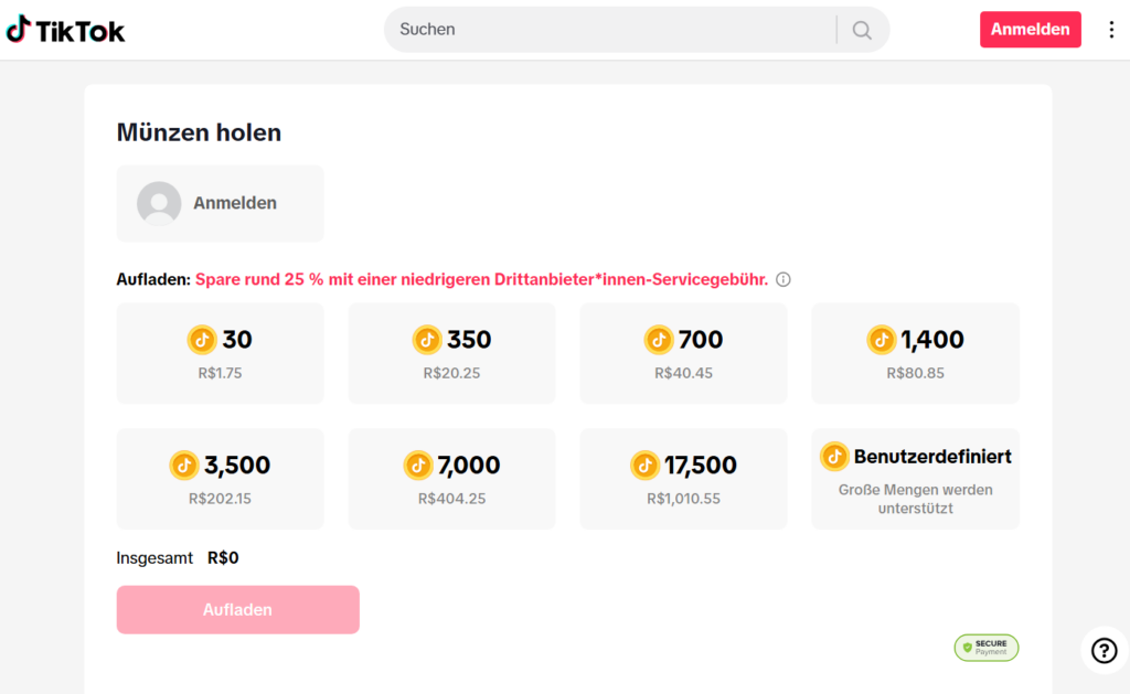 TikTok-Website öffnen und Coins wählen