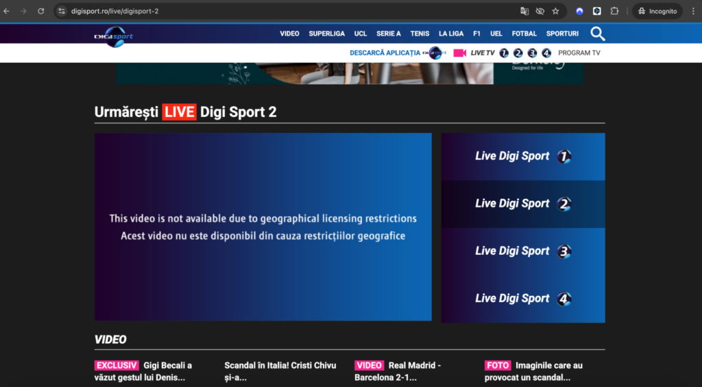 Digi Sport Geo-Blocking-Meldung