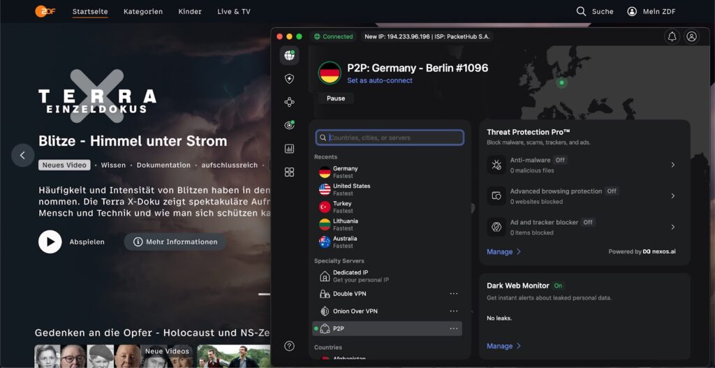 Über NordVPNs deutsche Server konnte ich ZDF problemlos aufrufen