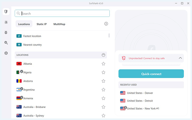 Screenshot der Surfshark Website, mit Oberfläche zum Auswählen des VPN-Servers