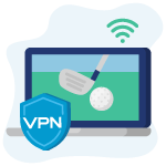 Laptop streaming golf with a VPN shield icon