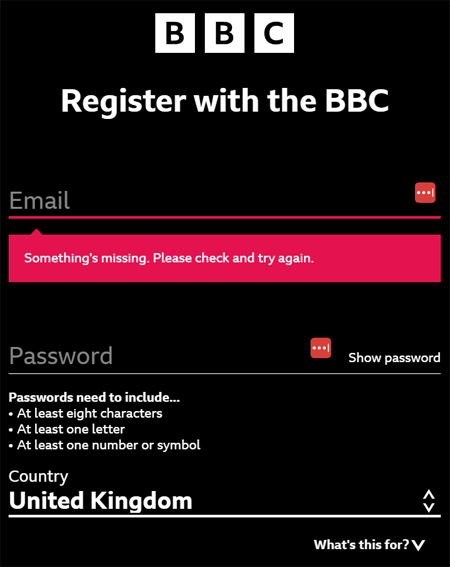 Create an account form on the BBC iPlayer website