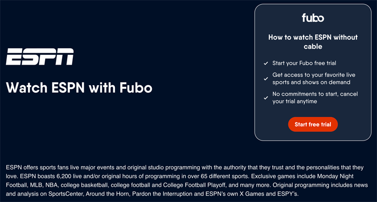 Wacht ESPN with Fubo TV page with a Start free trial button