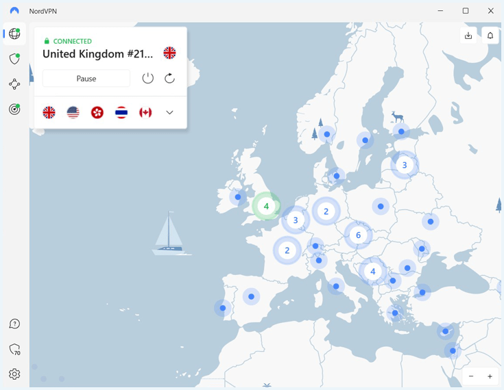 NordVPN software showing the VPN being connected to a server in the United Kingdom