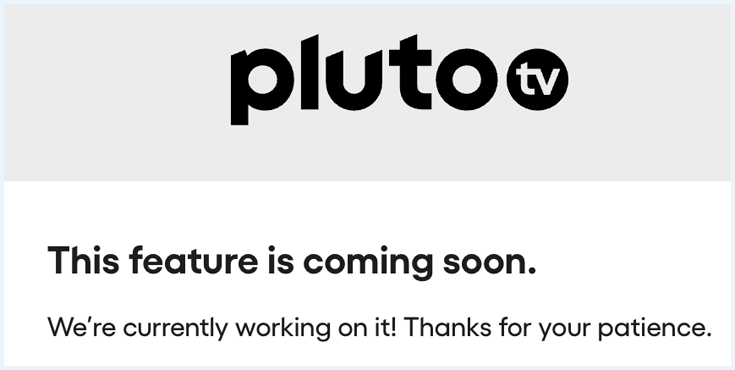 Captura de pantalla del sitio Pluto TV website con mensaje que dice que no está disponible.