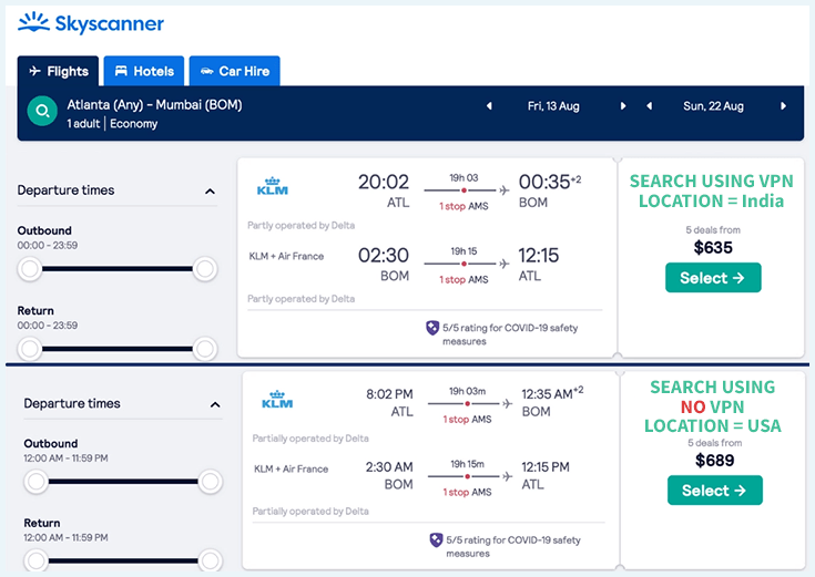 Comparación de vuelos de Skyscanner, precio con VPN y precio sin VPN
