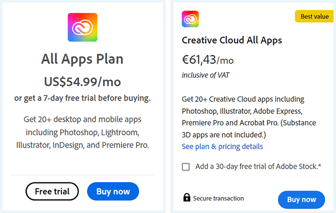 Planes de precios de Creative Cloud All Apps para EE.UU. y los Países Bajos, uno al lado del otro