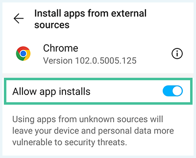 Screenshot of Android, Allow app installs