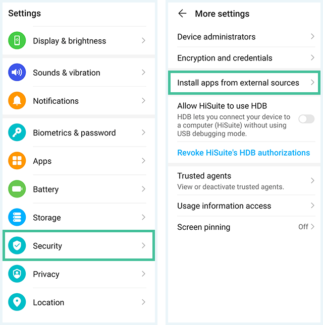 Screenshots of Android, Settings and More Settings