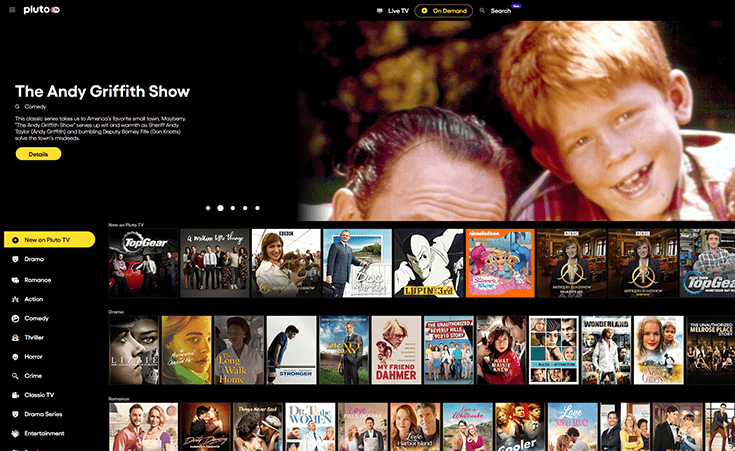 Screenshot of Pluto TV, on demand