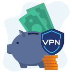 Icono con un cerdito alcancia y algo de dinero alrededor e icono de escudo VPN