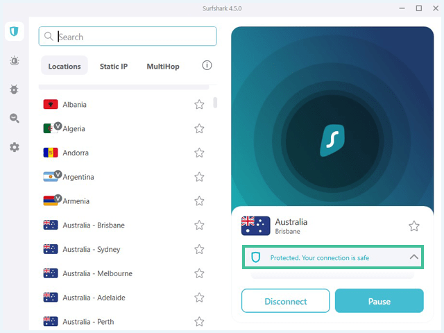 Software of Surfshark VPN showing the app connected to a server in Brisbane, Australia