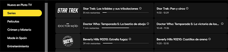 Captura de PlutoTV en español sección series
