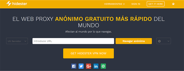 Página web en español del proxy Hidester