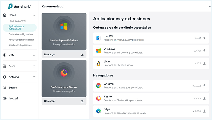 Página web de Surshark en español sección descarga aplicaciones y extensiones