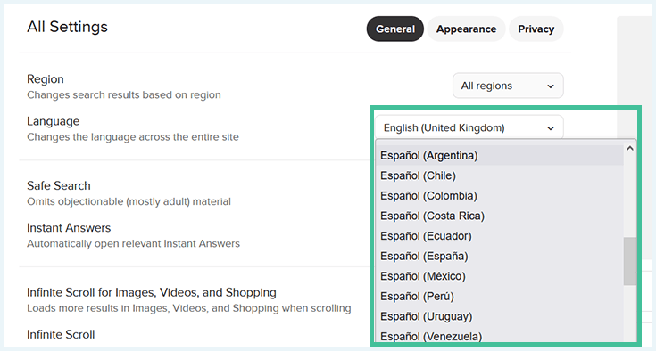 duckduck go configuración de idiomas en español