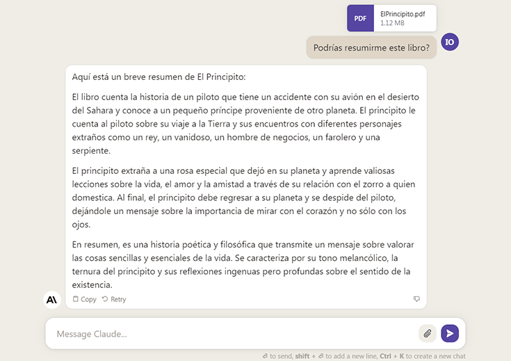 Claude IA chat resumen El Principito