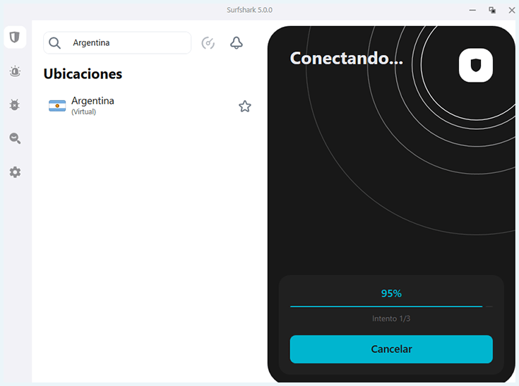 Surfshark conectado a servidor de Argentina