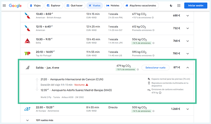 Google Flights cancun madrid 4 de enero solo ida sin vpn