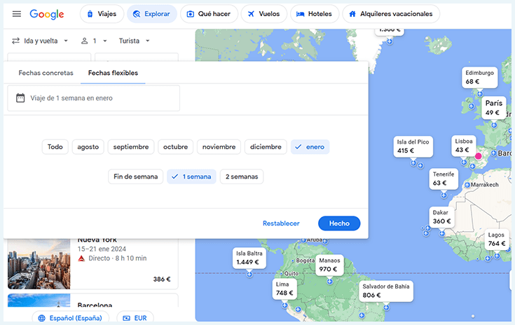 buscador vuelos google en opción explorar madrid enero