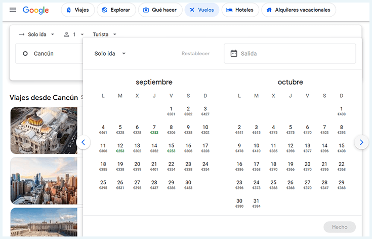 google flights vuelos baratos fechas flexibles busqueda cancun madrid septiembre