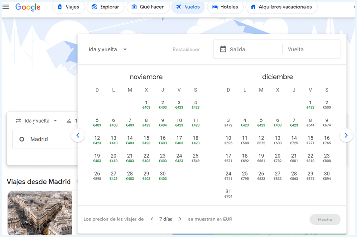 Google Voli con una VPN connessa al Messico che mostra voli più economici