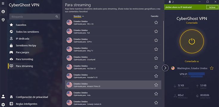 App CyberGhost conectado a servidor optimizado para Amazon Prime Video US