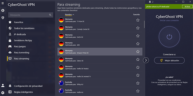 CyberGhost lista de servidores dedicados a streaming