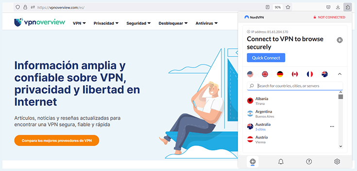 Extensión de Firefox de NordVPN con principal de VPNOverview