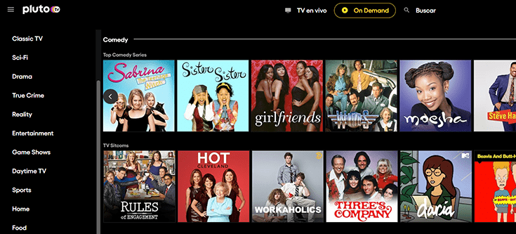 Web de Pluto TV en Estados Unidos con series