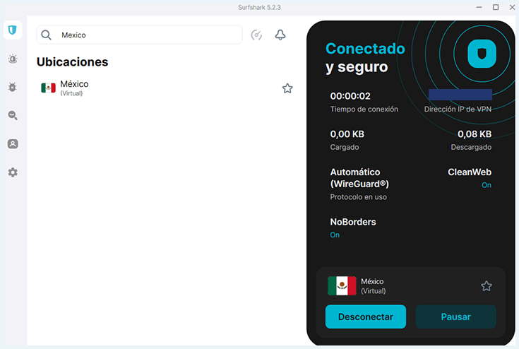 Surfshark conectado a un servidor virtual de México