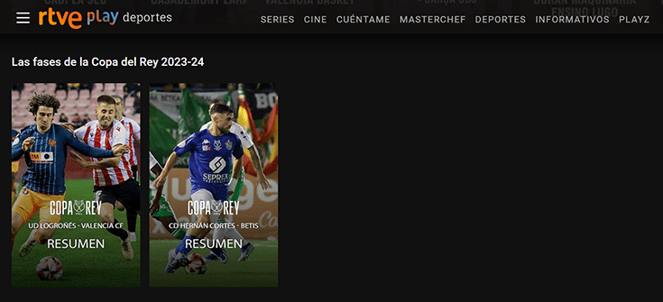 Página web de RTVE PLay deportes con Copa del Rey