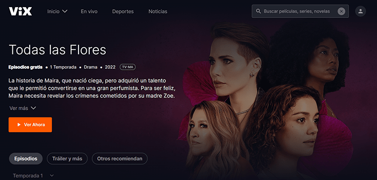 Banner en ViX de Todas las Flores telenovela brasil