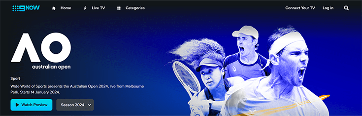 Página de 9Now con banner de Australian Open