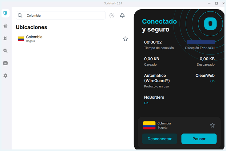 Surfshark conectado a IP de Colombia VPN