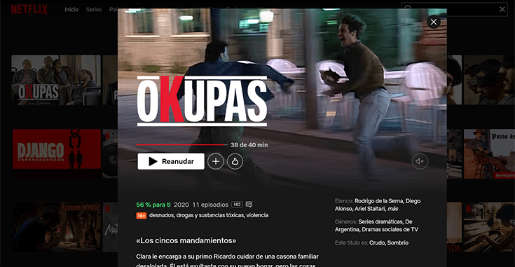 Catalogo de Netflix Argentina con banner de Okupas