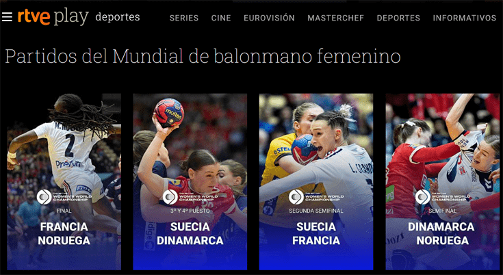 Página de RTVE Play con partidos del mundial de balonmano femenino