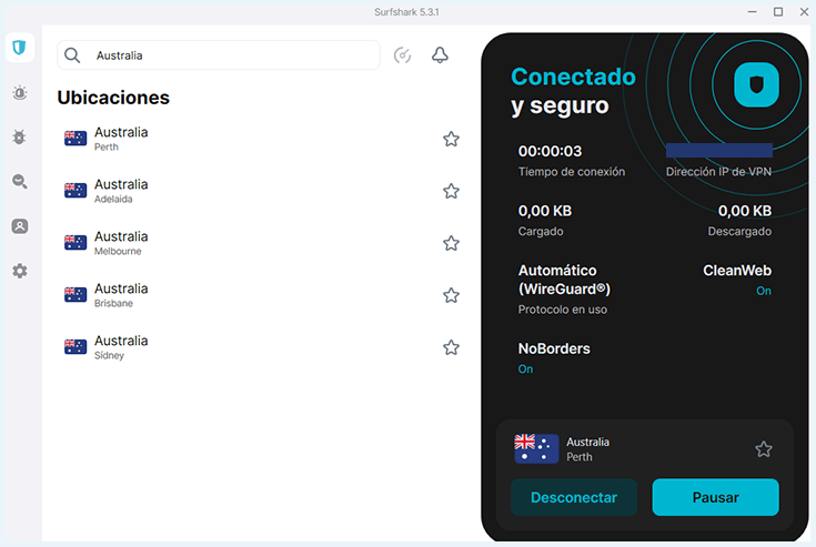 Surfshark conectado a IP de Australia en español