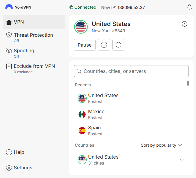 NordVPN connected to US