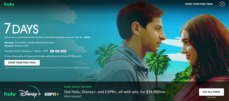 Web de Hulu TV con botón de prueba gratis