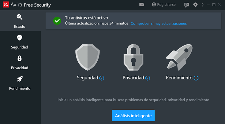 Antivirus Avira página principal con opción de Seguridad Privacidad y Rendimiento