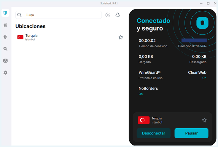 Surfshark conectado a dirección de IP en Estambul Turquía