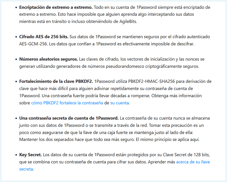 Características de seguridad en 1Password en español web