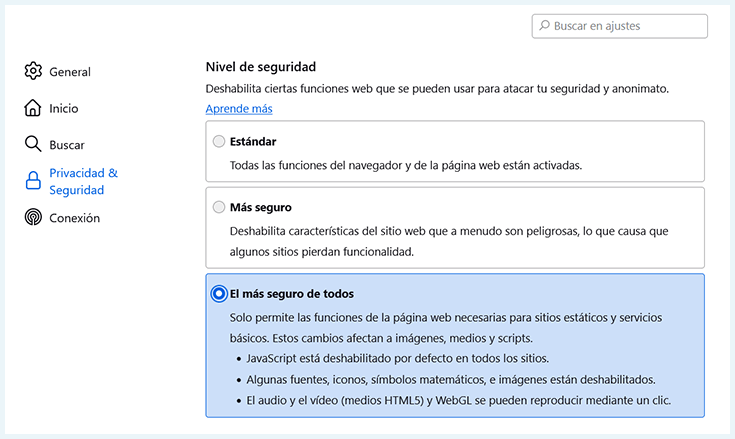Captura de configuración de niveles de seguridad en Navegador Tor