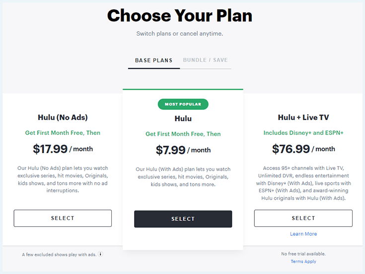 Planes disponibles de Hulu TV