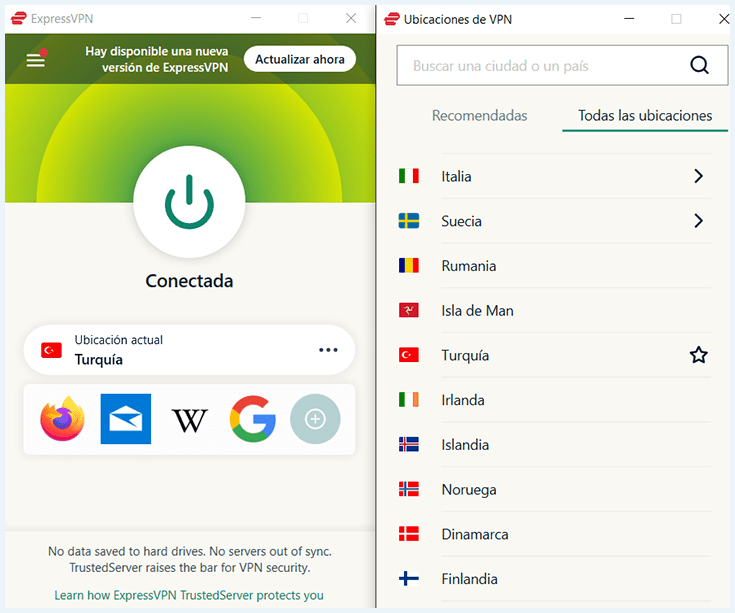 ExpressVPN con lista de países conectado a IP de Turquía