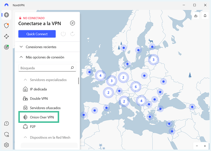NordVPN en Windows con opcion remarcada de ONION OVER VPN