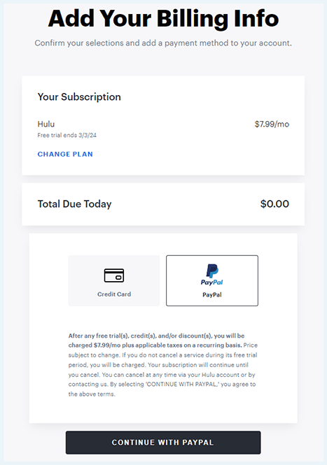 Opción de pago de Hulu TV con PayPal