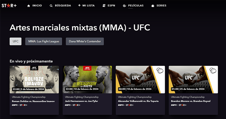 Pagina de Star Plus con peleas en vivo de UFC